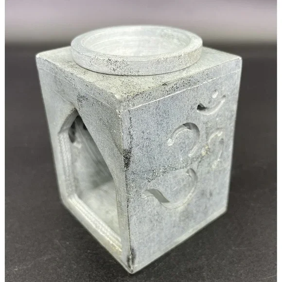 Essential Oil Burner Handcarved Soapstone Gray Om Symbol Made In India - Picture 3 of 14